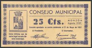 MONZON (HUESCA). 25 Céntimos. Agosto 1937. ... 