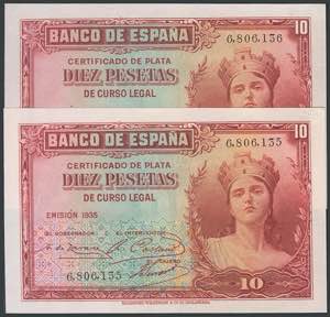 10 pesetas. 1935. Correlative couple. No ... 