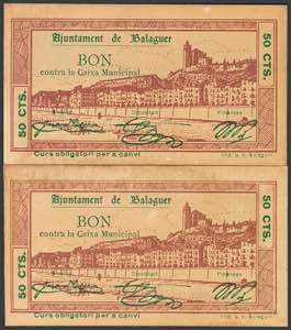 BALAGUER (LERIDA). 50 Cents, two bills with ... 