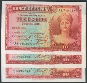 Set of 3 10 Pesetas banknotes issued in 1935 ... 