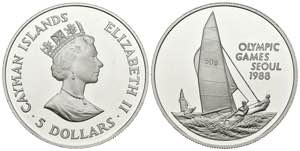 CAYMAN ISLANDS. 5 Dollars. (Ar. 28.31g / ... 