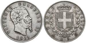 ITALY. 5 liras. (Ar. 24.92g / 37mm). 1869. ... 