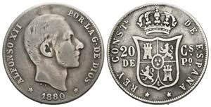 ALFONSO XII (1874-1885). 20 cents. (Ar. ... 