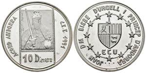 ANDORRA. 10 Diners. (Ar. 31,50g/38mm). 1991. ... 