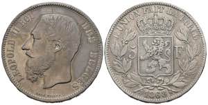 BELGICA. 5 Francs. (Ar. 25,78g/37mm). 1868. ... 