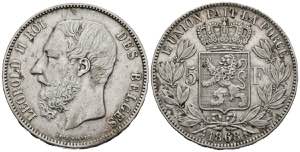 BÉLGICA. 5 Francs. (Ar. 24,92g/37mm). 1868. ... 