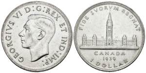 CANADA. 1 Dollar (Ar. 23,40g/36mm). 1939.  ... 