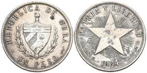 CUBA. 1 Peso. (Ar. 26.54g/38mm). 1934. ... 