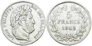 FRANCIA. 5 Francs. (Ar. 24,78g/37mm). 1842. ... 