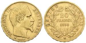 FRANCIA. 20 Francs. (Au. 6,42g/21mm). 1858. ... 