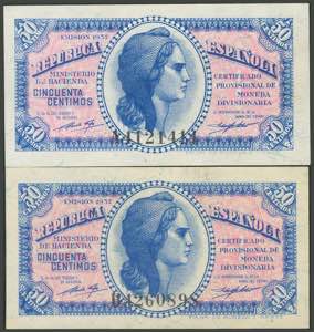Set of 2 50-cent banknotes, issued in 1937, ... 