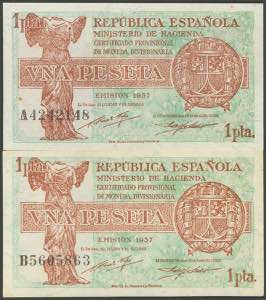 Set of 2 1 Peseta banknotes issued in 1937, ... 