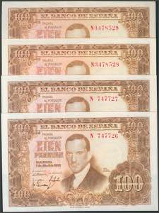 Set of 4 banknotes of 100 Pesetas issued on ... 