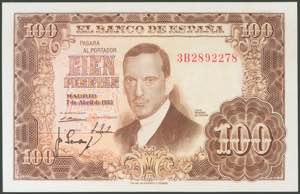 100 pesetas. April 7, 1953. Series 3B. ... 