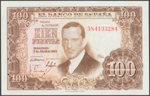 100 pesetas. April 7, 1953. Series 3S. ... 
