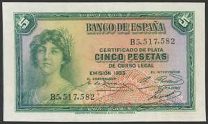 5 Pesetas. 1935. Silver Certificate. Series ... 