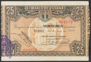 25 Pesetas. January 1, 1937. Bilbao Branch, ... 