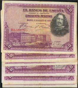 Set of 9 50 Pesetas banknotes issued on ... 