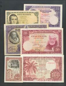 Set of 6 banknotes from the Bank of Spain, ... 
