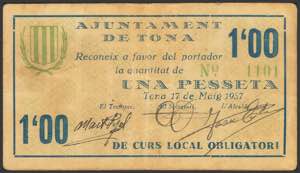 TONA (BARCELONA). 1 Peseta. Mayo 1937. ... 
