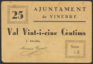 VINEBRE (TARRAGONA). 25 cents. (1937ca). ... 