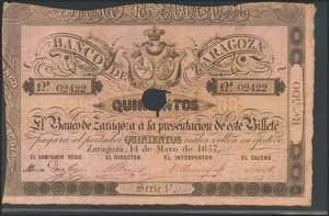 500 Reales. May 14, 1857. Bank of Zaragoza. ... 
