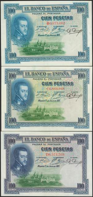 Set of 3 banknotes of 100 Pesetas issued on ... 