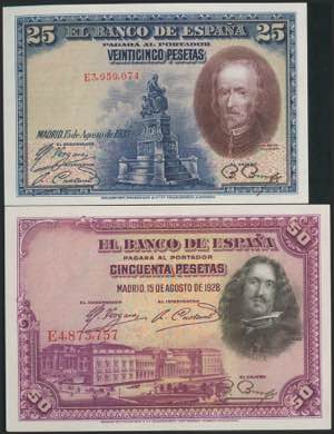 Set of 2 banknotes of 25 Pesetas and 50 ... 