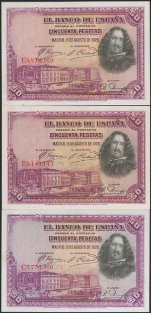 Set of 3 50 Pesetas banknotes issued on ... 