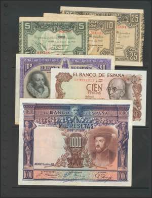 Set of 6 Bank of Spain notes of different ... 