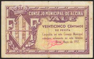 ALCIRA (VALENCIA). 25 Céntimos. Mayo 1938. ... 