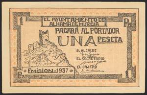 ALHAMA DE MURCIA (MURCIA). 1 Peseta. 1937. ... 