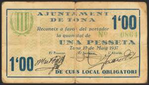 TONA (BARCELONA). 1 peseta. May 1937. ... 