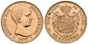 SPANISH STATE. 20 pesetas. (Au. 6.44g / ... 