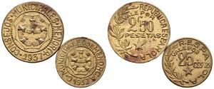 MINORCA. Set of 2 coins with values of 25 ... 