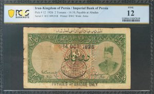 IRAN. 2 Toman. 1926. Imperial Bank. Payable ... 