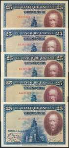 Set of 5 banknotes of 25 Pesetas, issued on ... 