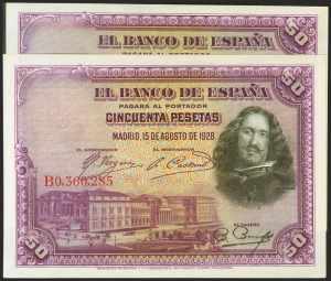 Set of 2 50 Pesetas banknotes issued on ... 