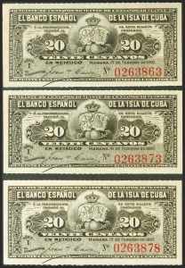 Set of 3 20 Centavos banknotes, issued on ... 