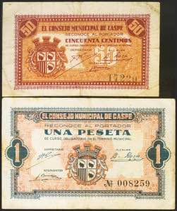 CASPE (ZARAGOZA). 50 Céntimos y 1 Peseta. ... 