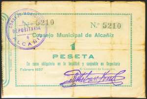 ALCAÑIZ (TERUEL). 1 Peseta. Febrero 1937. ... 