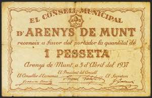 ARENYS DE MUNT (BARCELONA). 1 Peseta. 5 de ... 