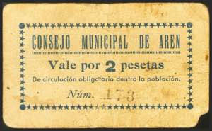 AREN (HUESCA). 2 Pesetas. (1937ca). ... 