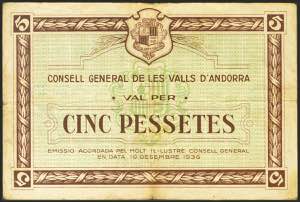 ANDORRA. 5 pesetas. November 19, 1936. ... 