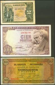 Set of banknotes that includes the 2 Pesetas ... 