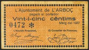L´ARBOC (TARRAGONA). 25 cents. May 1937. ... 