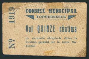 TORREBESSES (LERIDA). 15 cents. (1938ca). ... 