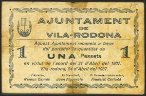 VILA-RODONA (TARRAGONA). 1 Peseta. April 24, ... 