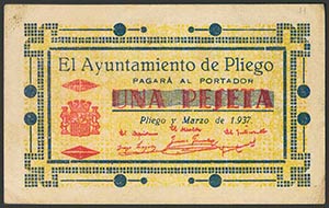 PLIEGO (MURCIA). 1 Peseta. Marzo de 1937. ... 
