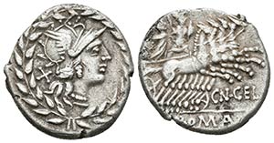 CN. GELLIUS. Denario.138 a.C. Roma. A/ Busto ... 